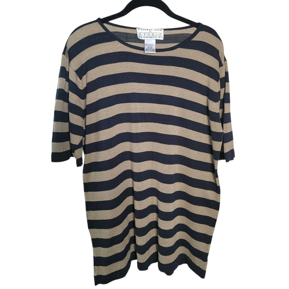 Pacific Silk Navy and Tan Striped Short Sleeve Women Sweater Size 2X